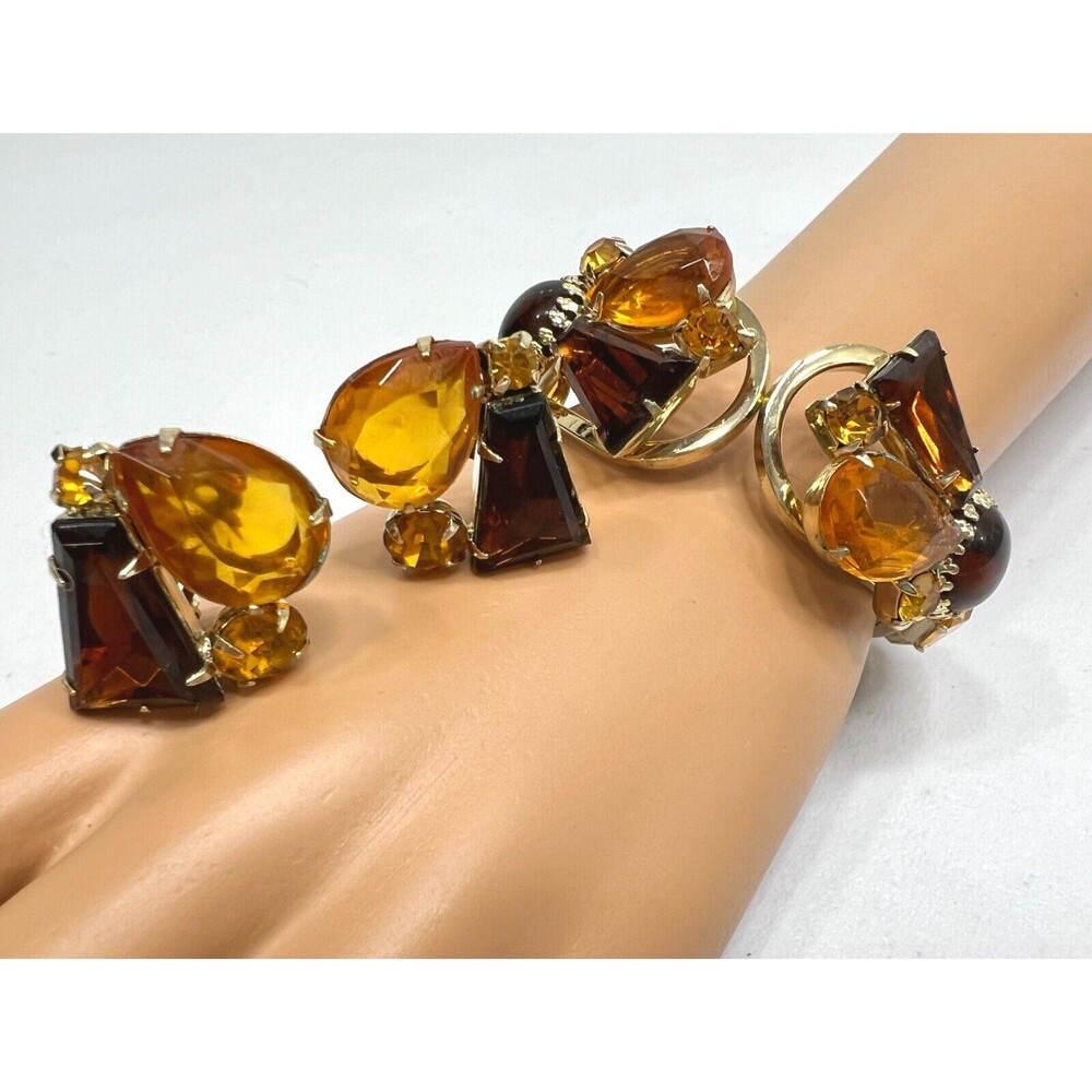Vintage DeLizza, Elster aka Juliana Hinged Clamper Bracelet, Earrings Rhinestone